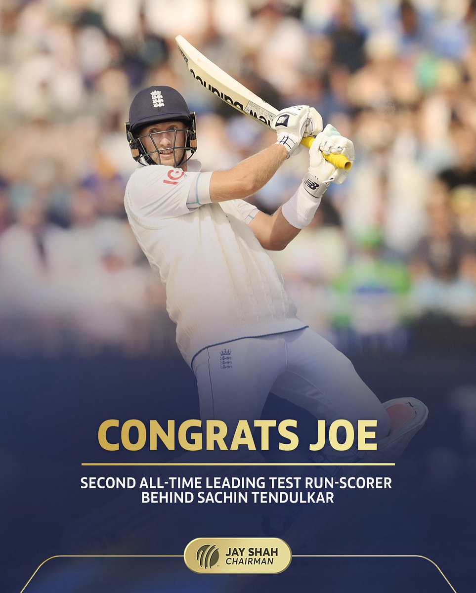 Jay Shah (@jayshah) on Twitter photo What an unbelievable milestone for <a href="/englandcricket/">England Cricket</a> batter <a href="/root66/">Joe Root</a> to pass Australia's Ricky Ponting and move to second on the all-time Test run-scorer list for men, behind India's one and only <a href="/sachin_rt/">Sachin Tendulkar</a>. Well done, Joe! #WTC27 What an unbelievable milestone for <a href="/englandcricket/">England Cricket</a> batter <a href="/root66/">Joe Root</a> to pass Australia's Ricky Ponting and move to second on the all-time Test run-scorer list for men, behind India's one and only <a href="/sachin_rt/">Sachin Tendulkar</a>. Well done, Joe! #WTC27