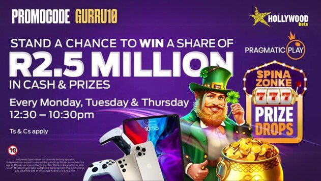 kabbree's tweet image. Big rewards!
Stand a chance to win a share of R2.5 Million in cash and prizes 🤑🔥💃🏻Don’t wait any longer, sing up Now!!
Hollywoodbets
#HollywoodbetsSignIn
🔗 bit.ly/GURRU10
18+ only. Ts & Cs