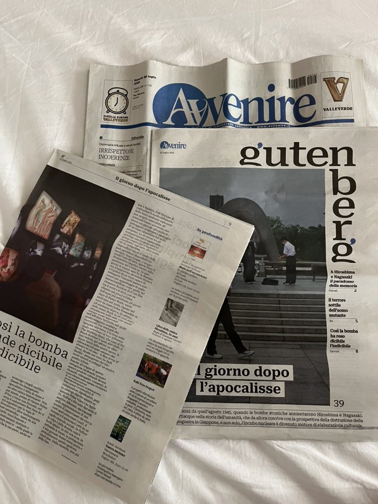 È un piacere vedere che su Gutenberg, inserto culturale di <a href="/Avvenire_Nei/">𝐀𝐯𝐯𝐞𝐧𝐢𝐫𝐞</a>, oggi dedicato a Hiroshima e Nagasaki, venga segnalato “Morte nell’era nucleare” (Morcelliana Scholé) come volume di approfondimento in merito alla riflessione sulla questione della bomba atomica!