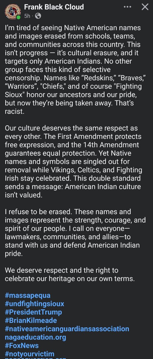 TheColbyD's tweet image. I’ve been saying this for years. IMO more teams should be named after native Americans.
Let’s embrace their history and not delete it.
Frank Black Cloud agrees