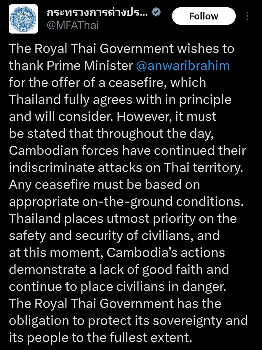 sidhant's tweet image. Cambodian forces have continued their indiscriminate attacks on Thai territory: Thailand foreign ministry