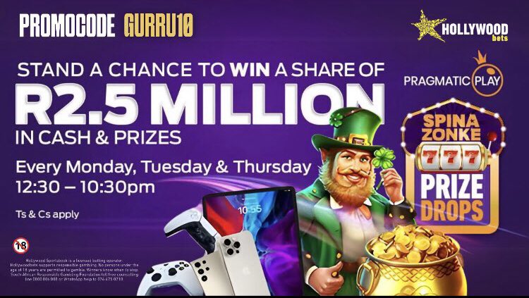 every Monday, Tuesday &amp; Thursday 12:30-10:30pm

Don’t forget to register your account on Hollywoodbets to get R25 signup bonus &amp; 50 FREE spins when you use promo code: GURRU10 💜 Hollywoodbets
#HollywoodbetsSignIn