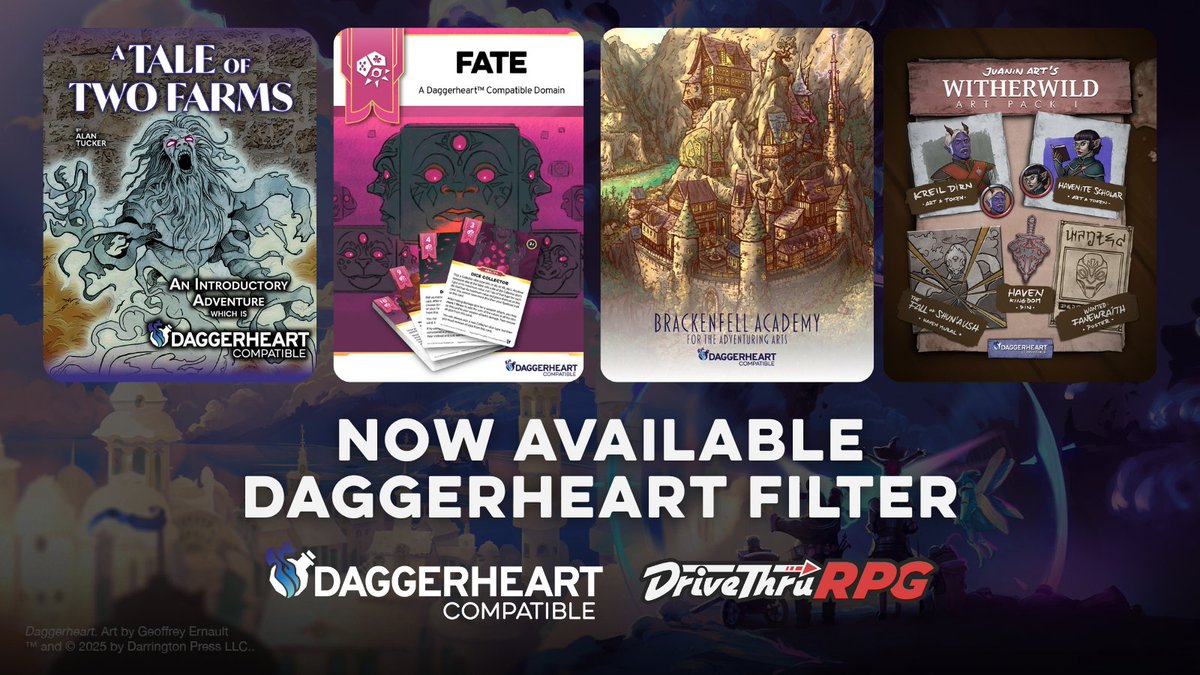 DriveThruRPG's tweet image. More than 50 Daggerheart compatible PDFs are available now!
Get 'em here: tinyurl.com/v97vab26
Plus, you can create and publish your own Daggerheart PDFs now!
#ttrpgs #daggerheart