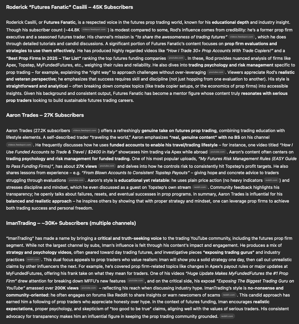 TraderGaryJ's tweet photo. @patrickwieland  Just did Deep Research in ChatGPT for most popular YouTube trader in the prop space, and you're on top buddy. https://t.co/761mrdUB9K