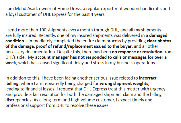 Asadmohml's tweet photo. @DHLGlobal @dhlindia @DHLexpress 
Dear @DHLEXpressIndia,
I’m Mohd Asad, owner of Home Dress, working with DHL for 3+ years
My insured shipment was damaged &amp; claim docs were sent but no response for a week.
Also facing wrong weight billing.
Account Manager not responding. https://t.co/5qyadJpS16