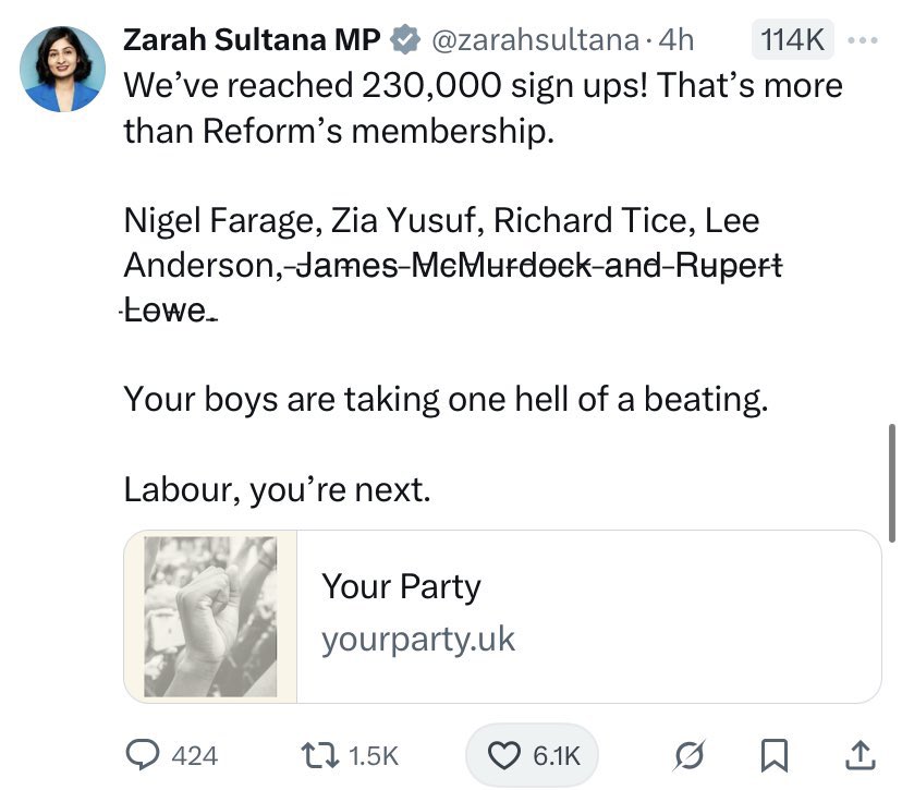 Zia Yusuf (@ziayusufuk) on Twitter photo Zarah.
You currently have 0 paid members, compared to our 229,000.
The signups to your free newsletter do suggest you’ll be taking a chunk out of Labour’s vote though, clearing the way for <a href="/Nigel_Farage/">Nigel Farage MP</a>.
Thank you! Zarah.
You currently have 0 paid members, compared to our 229,000.
The signups to your free newsletter do suggest you’ll be taking a chunk out of Labour’s vote though, clearing the way for <a href="/Nigel_Farage/">Nigel Farage MP</a>.
Thank you!