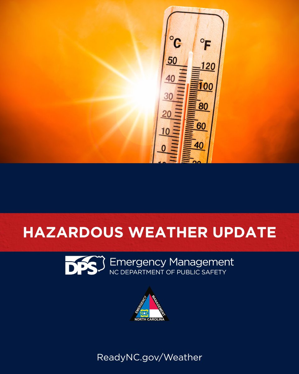 NCEmergency's tweet image. NCEM Hazardous Weather 7.25.25
🥵 A Heat Advisory is in effect today for eastern NC (11 AM - 8 PM). Expect temps in the 90s (some areas 100+) and high humidity. Stay safe and cool by limiting outdoor time, wearing loose clothing, hydrating, and taking frequent breaks.