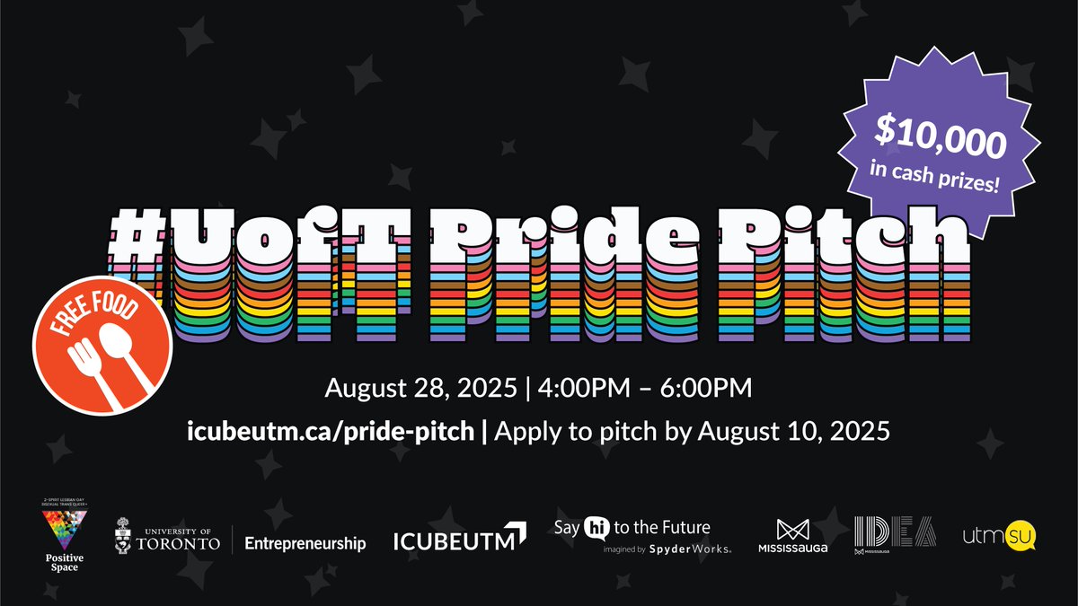 UofTStartup's tweet image. Pride Pitch is an opportunity for 2SLGBTQ+ University of Toronto students, staff, faculty and general community members (Peel Region) to pitch their innovative ideas for a chance to win $10,000 in cash prizes!
Learn more and apply here: icubeutm.ca/pride-pitch/