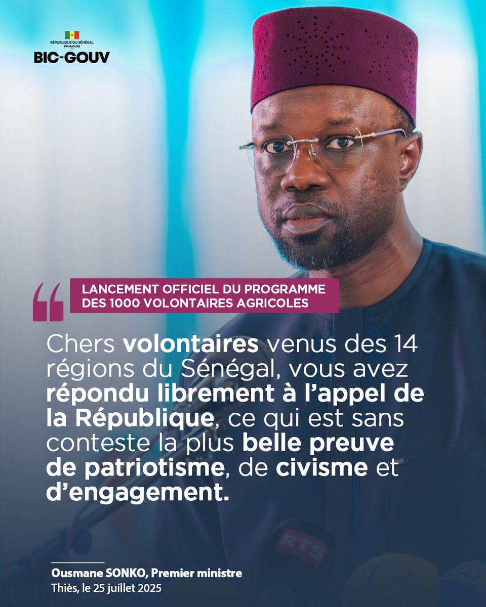 Extrait discours du Premier ministre Ousmane SONKO lors de la cérémonie sortie de la première cohorte des 1000 volontaires agricoles

#GouvernementSN