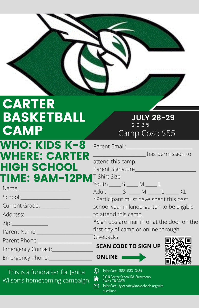 Camp Round 2! Monday and Tuesday of THIS COMING WEEK, July 28th and 29th, we will have camp! We hope to see you there! All proceeds from this camp go to support Jenna Wilson for basketball homecoming. #GoHornets