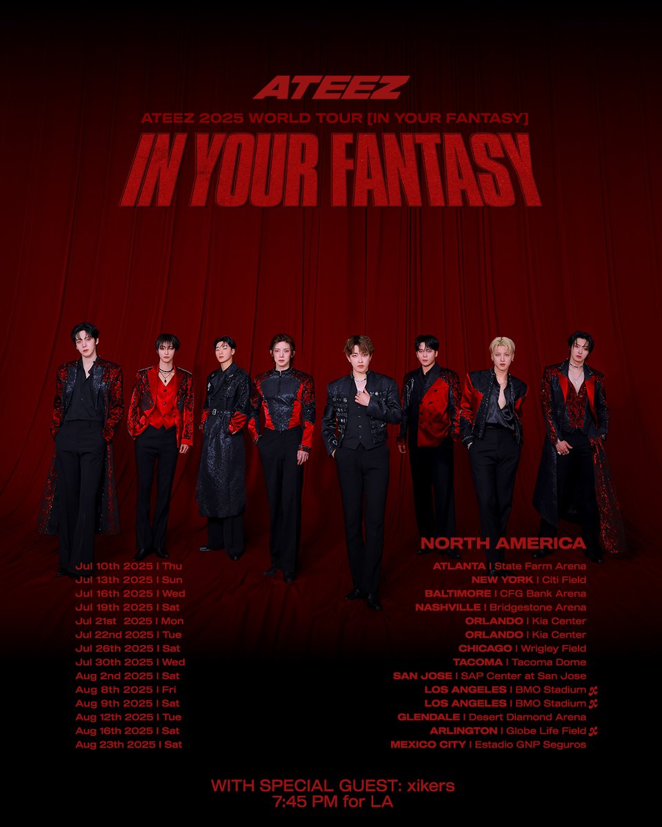 aeg_gt's tweet image. Excited to announce that @xikers_official  will be joining the @ATEEZofficial  2025 WORLD TOUR [IN YOUR FANTASY] in Los Angeles and Arlington! Tickets on sale now.
📍 LA fans — be in your seats early: xikers goes on at 7:45PM!
 📍 Arlington — get ready!
ateezlive.com