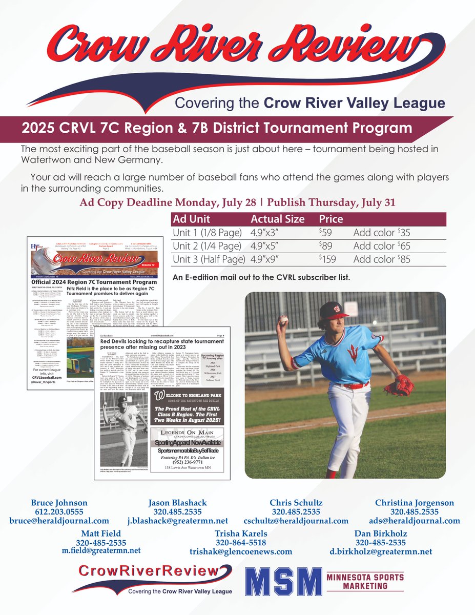 Kovar_HJsports's tweet image. Work for our @7cRegion and @7BDistrict Program is underway. We're looking at 32 pages of content this year for fans to view online and at New Germany Baseball Park and Highland Park (Watertown) throughout two weekends.
Interested in advertising with us? Shoot me a DM or get in…