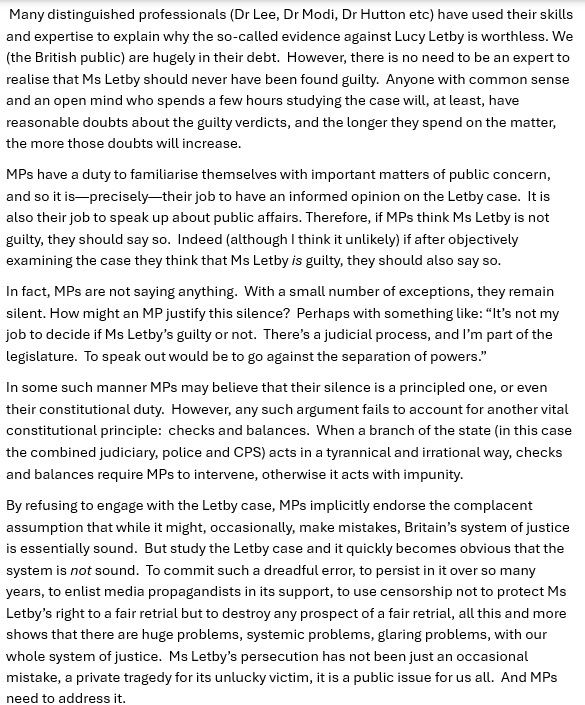 peternhayes's tweet image. We now have three MPs (David Davis, Jeremy Hunt, Nigel Farage) speaking up about Lucy Letby. But we need to hear from all of them. Ms Letby’s case raises issues of great public importance, so MPs of all political persuasions have a duty to make their views known.
