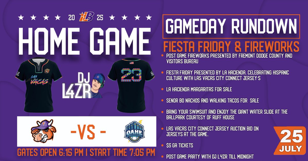 fremont_moo's tweet image. 🗓️ July 25th - Fiesta Friday & Post Game Fireworks
🎆 Postgame Fireworks
🎉 Fiesta Friday Presented by La Hacienda
🍻 La Hacienda Margaritas for sale
🌮 Senor Bo Nachos and Walking Tacos for Sale
🎉 Post Game Party with DJ L4ZR
🏷️ Las Vacas City Connect Jersey Live Auction…