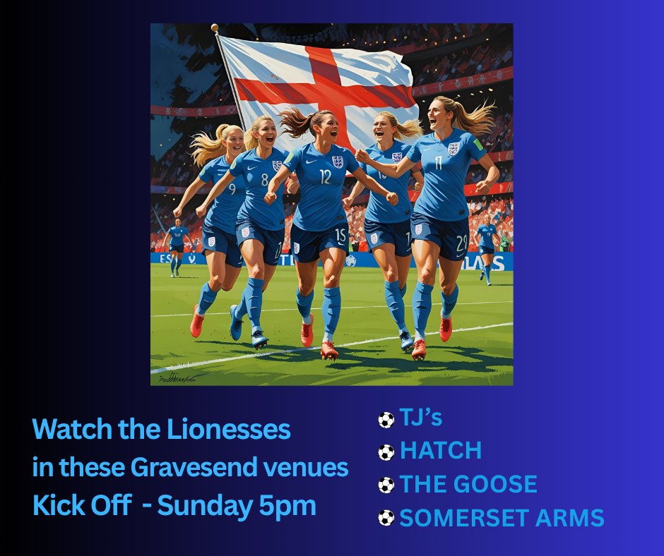 GravesendTCM's tweet image. The Lionesses have reached the Women's Euros Final this Sunday - good luck to the team - you can watch the match in these various #Gravesend town centre venues - others may be available too - check local listings
#itscominghome #lionesses #comeonengland #euros2025