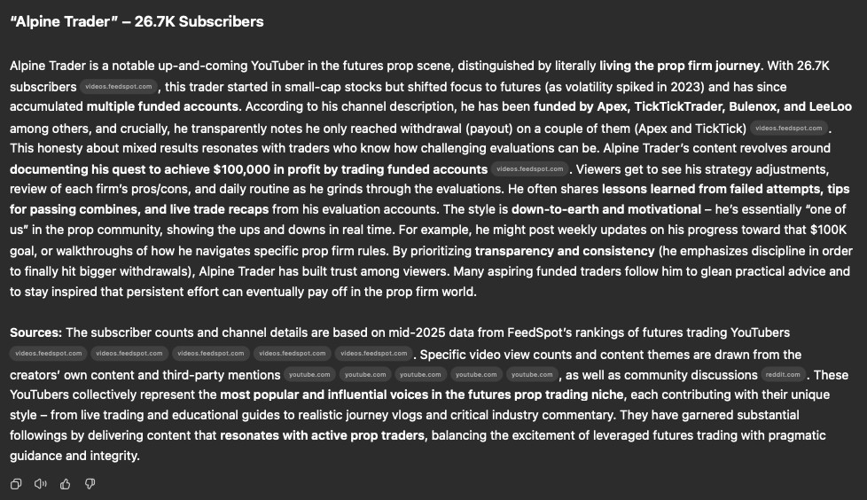 TraderGaryJ's tweet photo. @patrickwieland  Just did Deep Research in ChatGPT for most popular YouTube trader in the prop space, and you're on top buddy. https://t.co/761mrdUB9K