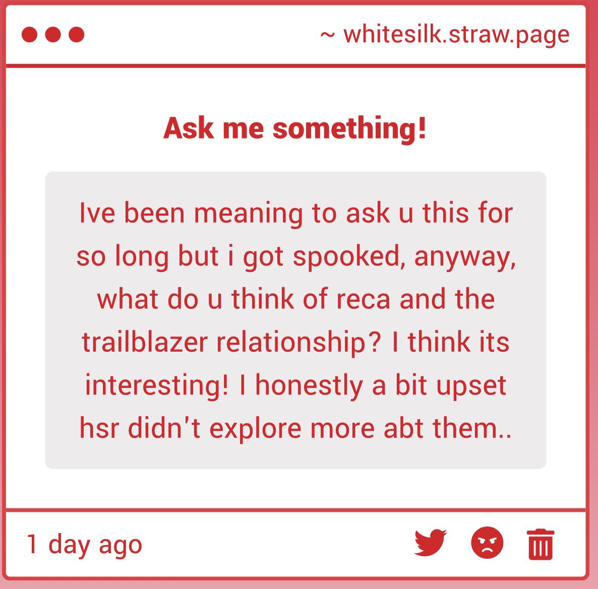 your_whitesilk's tweet image. Love them! Reca seems genuinely interested in them and out of everyone we know I feel like Reca would cherish Trailblazer the most (because of the fate stuff and all). Not sure about the romantic side though; I often question whether Reca can truly feel genuine love as we know it