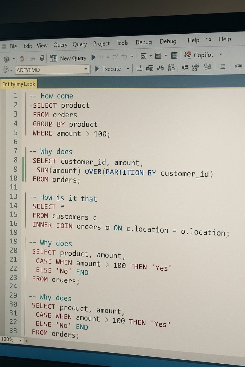 vesimir162839's tweet image. Why is it that SQL can let me GROUP BY and still confuse me with HAVING?
Why does JOIN work fine… until it doesn’t? 😩
This journey no be beans, but we move. 💻😂
#SQL #DataLearning #DataAnalytics
