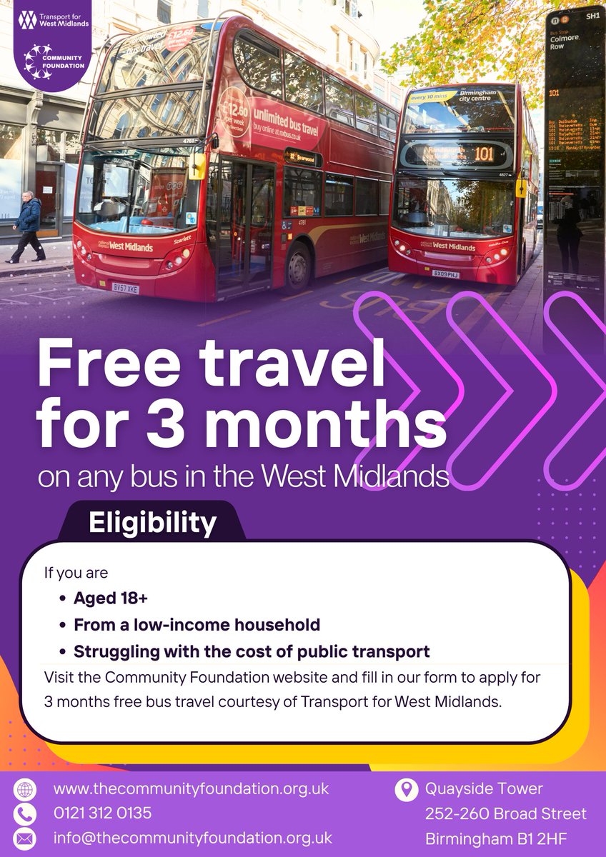Community Foundation, in partnership with Transport for West Midlands, is excited to offer 3 months of free bus travel to members of the community
struggling with the costs of travel. 

To apply, please fill in the online form:
forms.wix.com/f/735446202456…