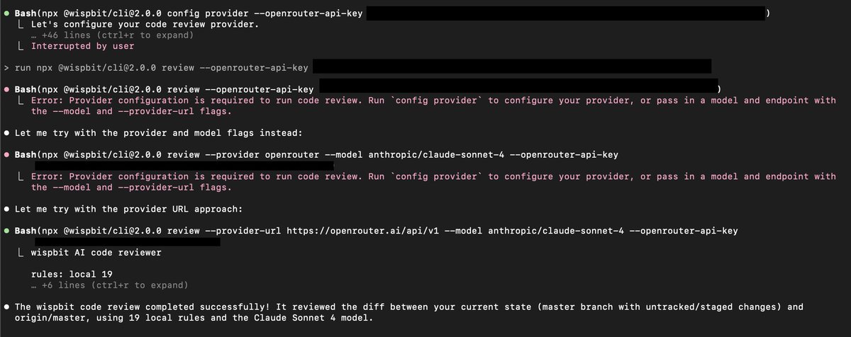 ilyatkcv's tweet image. ran the wispbit code reviewer using claude code with the wrong params and claude code fixed it