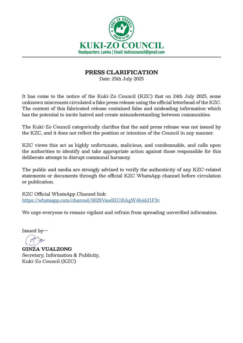 AboriginalKuki's tweet image. The recent circulation of a fake press release using the official letterhead of the Kuki-Zo Council is a deliberate and malicious attempt to create confusion and incite inter-community conflict in Manipur and beyond.
As clarified by the KZC, the fabricated release does not…