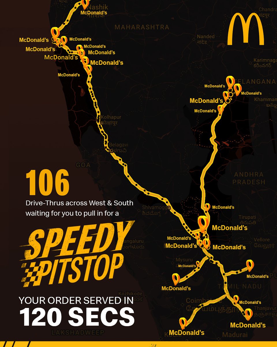 106 Drive-Thru pitlanes across West &amp; South 🏎️ 
Comment your location and we’ll drop your nearest Speedy Pitstop🍟 
Get a free McAloo Tikki Burger or Chicken Surprise Burger on McVeggie/McChicken Meal (M/L). 120 secs delivery, it’s a McD Thing!

#ItsAMcDThing  #McDonaldsIndia