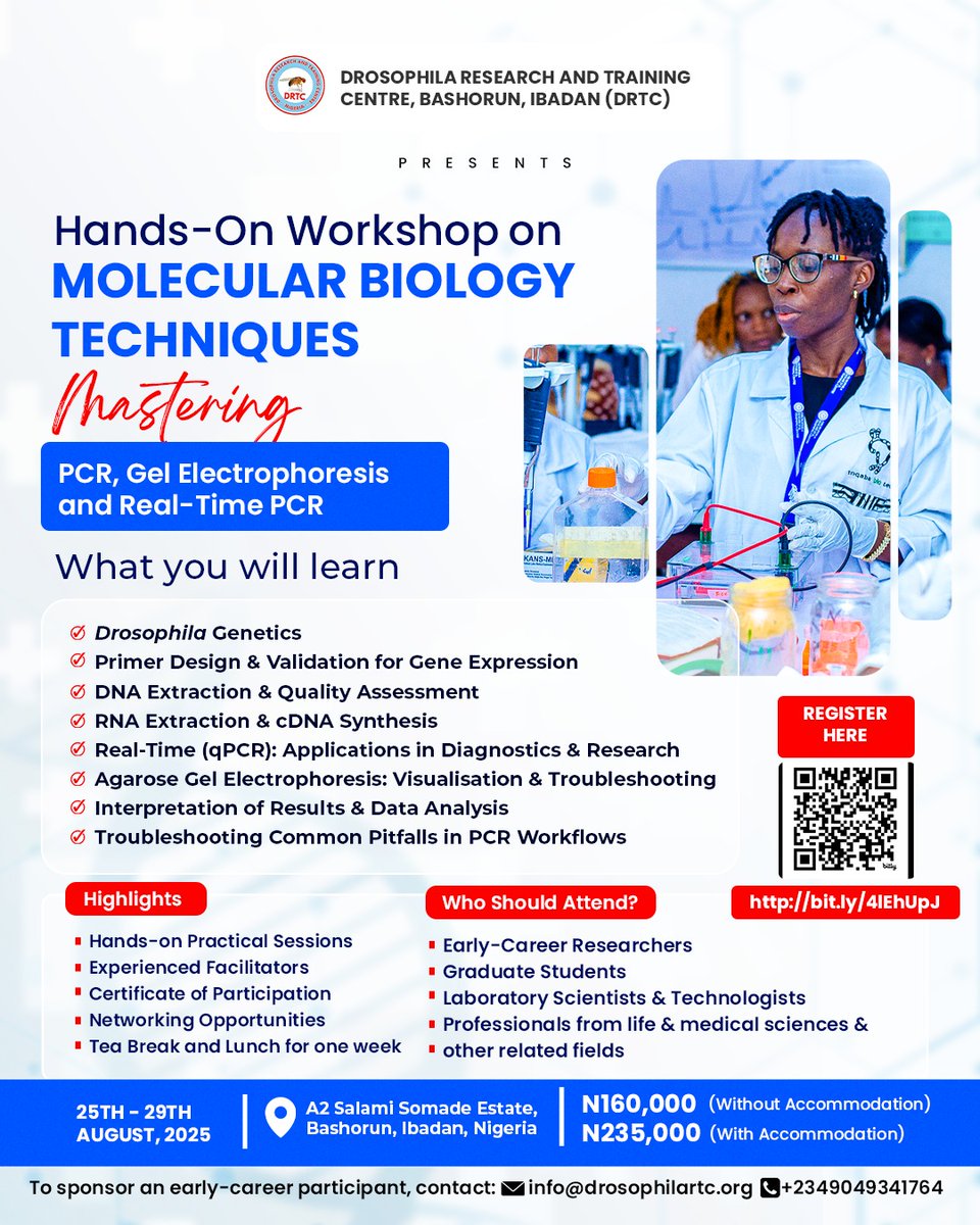 DrosophilaRTC's tweet image. Are you ready to level up your lab skills?
Join us for a hands-on workshop at @DrosophilaRTC on Molecular Biology Techniques designed to help you master PCR, gel electrophoresis, real-time PCR, and more through practical, expert-led sessions.
👩🔬 What’s in it for you?
✅…