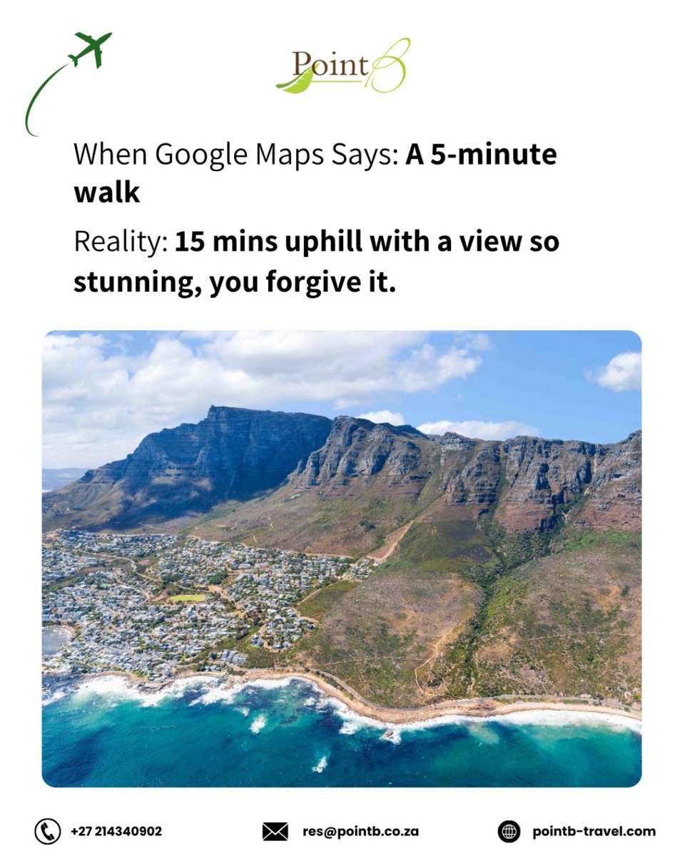 Point B - A Sustainable Travel & Accommodations (@pointbguest) on Twitter photo Plan your next walk with us, and let Point B be your base for all things Cape Town.
π +27 21 434 0902
π§ res@pointb.co.za
π pointb-travel.com
#GoogleMaps #CapeTownViews #HikingCapeTown #PointBGuestHouse #ExploreCapeTown #TravelWithPointB #CapeTownAdventures #TravelMeme Plan your next walk with us, and let Point B be your base for all things Cape Town.
π +27 21 434 0902
π§ res@pointb.co.za
π pointb-travel.com
#GoogleMaps #CapeTownViews #HikingCapeTown #PointBGuestHouse #ExploreCapeTown #TravelWithPointB #CapeTownAdventures #TravelMeme