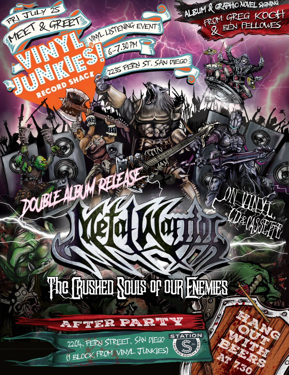ben_fellow95428's tweet image. GM! Back over 2 San Diego today 4 more #MetalWarrior shenanigans in the sunshine city of craft beer, comics & rock music. Who’s coming 2 @VinylJunkiesUSA where we’re going 2 Crush the Souls of our Enemies as the album is officially released for those following the righteous path?