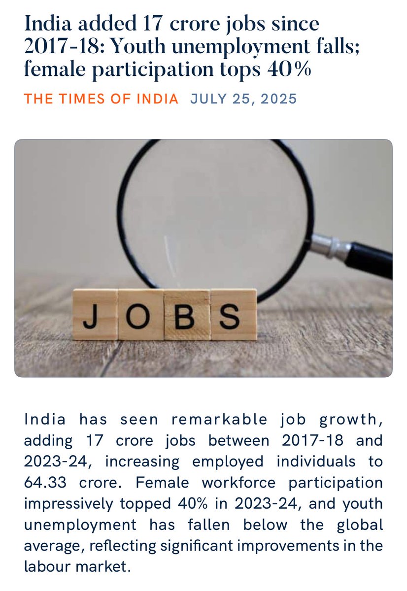 CaptBrijesh's tweet image. India added 17 crore jobs since 2017-18: Youth unemployment falls; female participation tops 40%
timesofindia.indiatimes.com/business/india…
via NaMo App