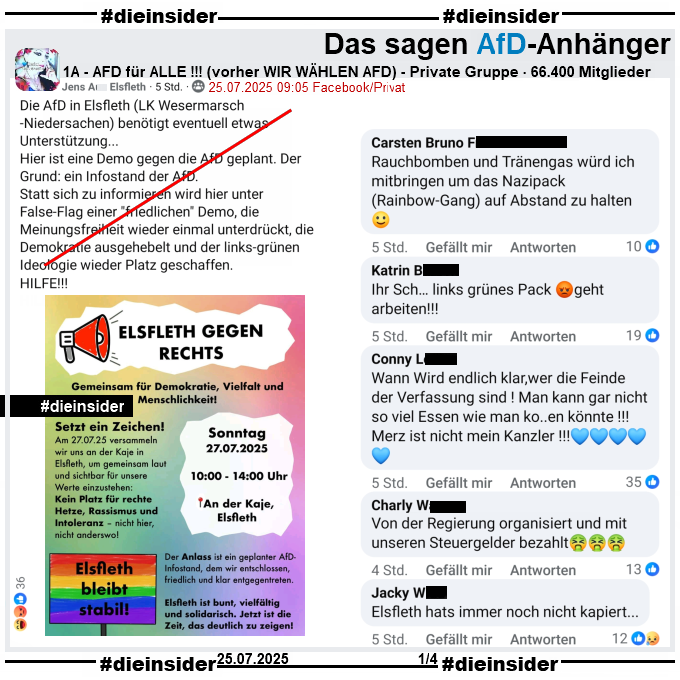 Die_Insider's tweet image. Jeden Tag gemeinsam für #Demokratie, #Vielfalt u #Menschlichkeit und gegen die rechtsextremistische #AfD!
Wer aus der Nähe ist und Zeit hat:
Am Sonntag, den 27.07.2025 zB zur Unterstützung von #Elsfleth gegen Rechts!
#LautGegenNazis #AfDVerbot
#GemeinsamGegenHass #DieInsider