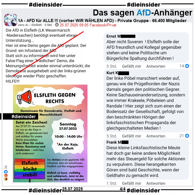 Die_Insider's tweet image. Jeden Tag gemeinsam für #Demokratie, #Vielfalt u #Menschlichkeit und gegen die rechtsextremistische #AfD!
Wer aus der Nähe ist und Zeit hat:
Am Sonntag, den 27.07.2025 zB zur Unterstützung von #Elsfleth gegen Rechts!
#LautGegenNazis #AfDVerbot
#GemeinsamGegenHass #DieInsider