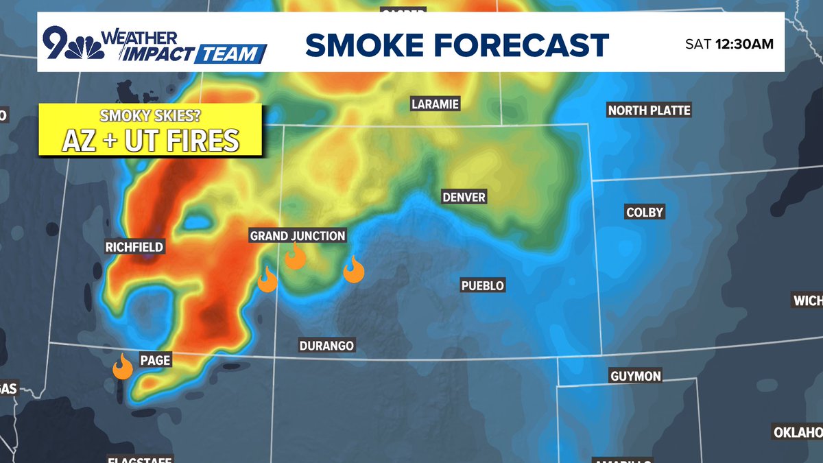 BianchiWeather's tweet image. Looks like we're seeing a bit of wildfire smoke overhead, and that'll probably stick around most of this weekend as well.
Most of the smoke is coming from the Dragon Bravo + White Sage fires in northern Arizona.
#COwx