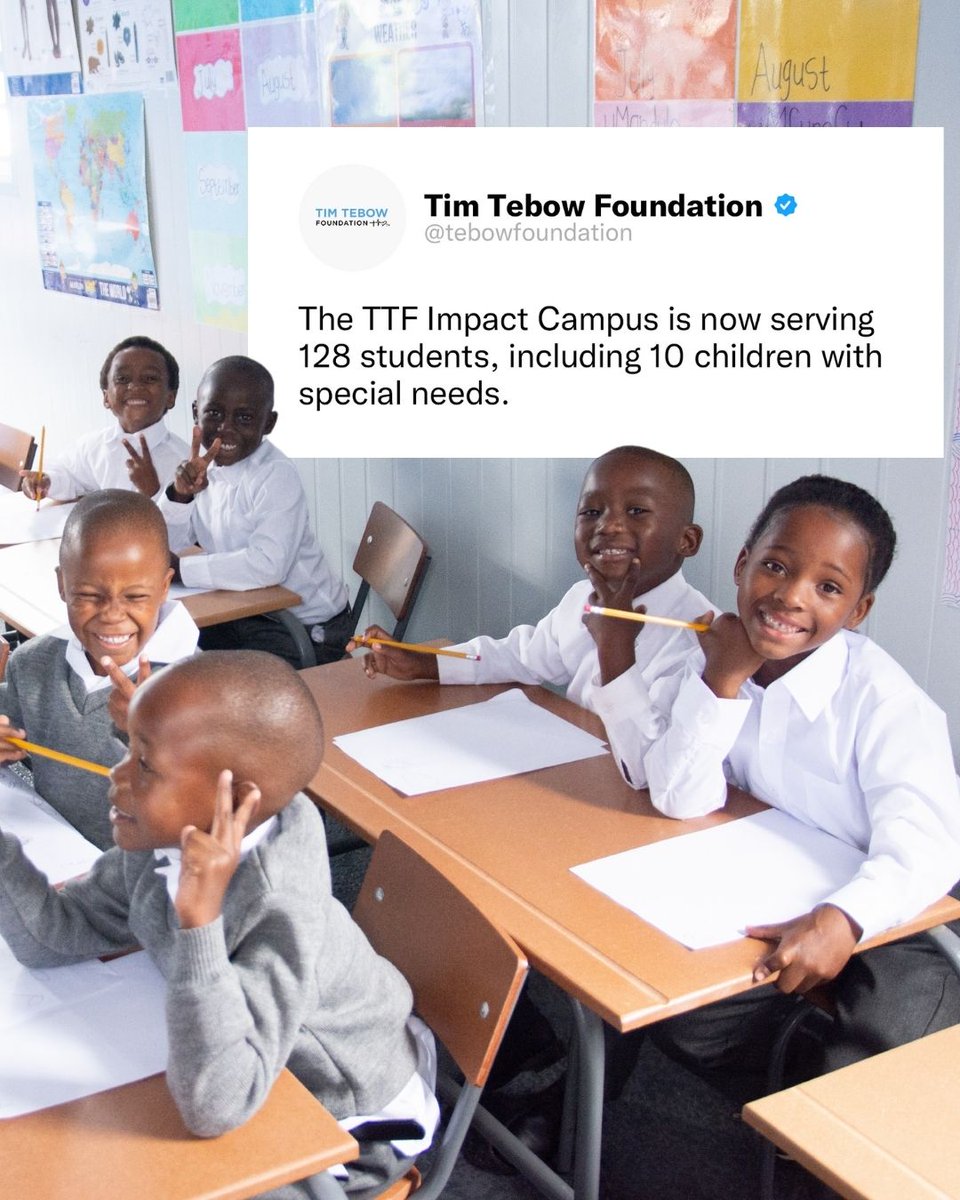 tebowfoundation's tweet image. We’re grateful to share that 128 children, including 10 with special needs, are learning, growing, and experiencing the love of Jesus at the TTF Impact Campus in South Africa!
The TTF Impact Campus is located in the heart of an informal settlement community near Johannesburg,…