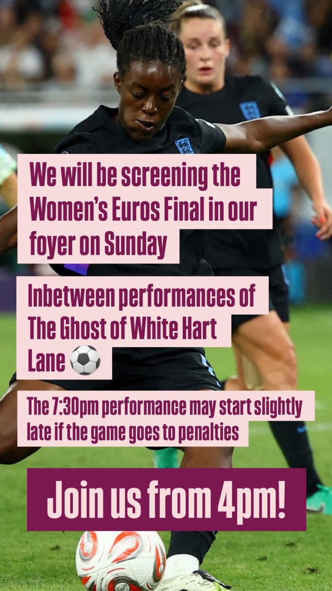 BruisedSky's tweet image. Join us @jacksons_lane this Sunday between shows to watch the WOMEN'S EUROS FINAL - it's going to be one exciting finale day for the The Ghost of White Hart Lane!
BOOK YOUR TICKETS🎟️⚽️ bit.ly/4iYdEzu
#football #womenseuros2025 #womensfootball #londontheatre #newwriting
