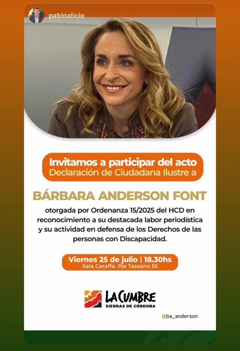 🎉 ¡Felicidades, <a href="/ba_anderson/">Barbara Anderson</a>!
Este 25 de julio, Bárbara Anderson, #LíderIWFMéxico, recibirá la Declaración de Ciudadana Ilustre por su incansable labor periodística y su defensa de los derechos de las personas con discapacidad.
📍 Sala Caraffa, La Cumbre, Córdoba, Argentina