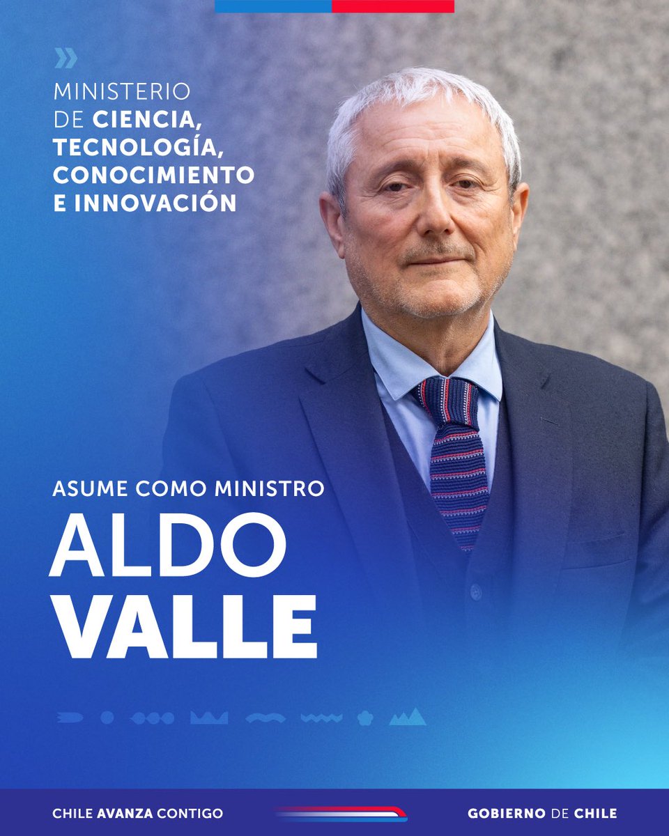 🙌Le damos la bienvenida al ministro Aldo Valle, quien asume como titular del Ministerio de Ciencia, Tecnología, Conocimiento e Innovación desde este 25 de julio.

¡Mucho éxito en su gestión! ✨