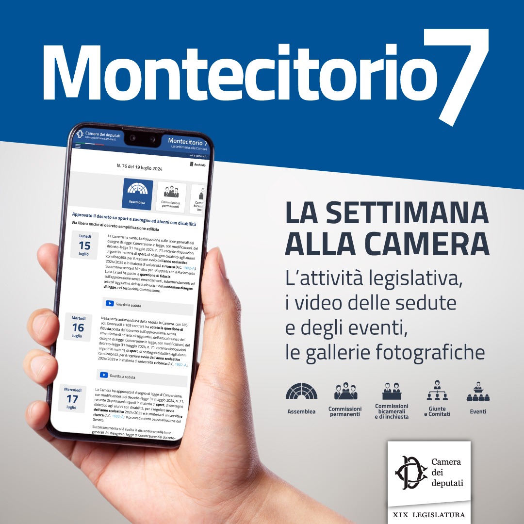 Montecitorio's tweet image. È online #Montecitorio7, il riepilogo della settimana alla Camera: l’attività legislativa, i video delle sedute di Assemblea, delle audizioni e degli eventi, le gallerie fotografiche.
Leggi: comunicazione.camera.it/montecitorio7/
#OpenCamera