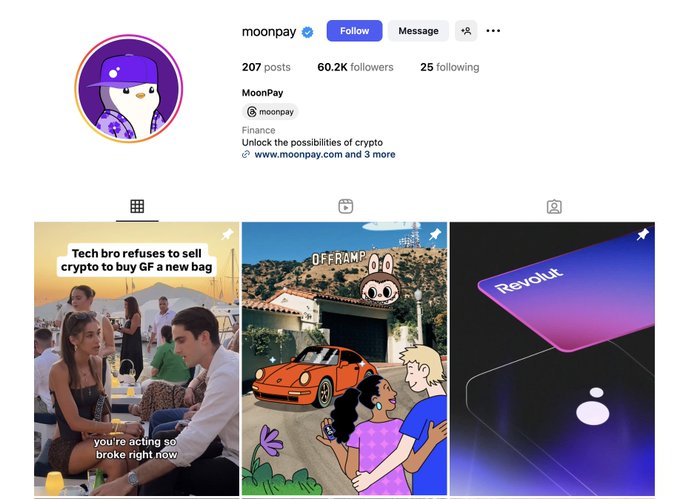 MoonPay Instagram profile showcasing the new Pengu filter with various crypto-themed images