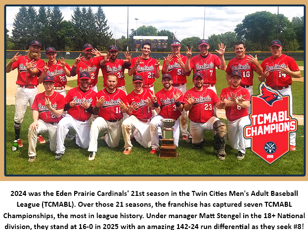 MSBL Team Spotlight: Eden Prairie Cardinals, Twin Cities MABL! The Cards are 16-0 and leading the pack in the powerful 18+ National Division! #mensbaseball #msbl #adultbaseball #seniorbaseball