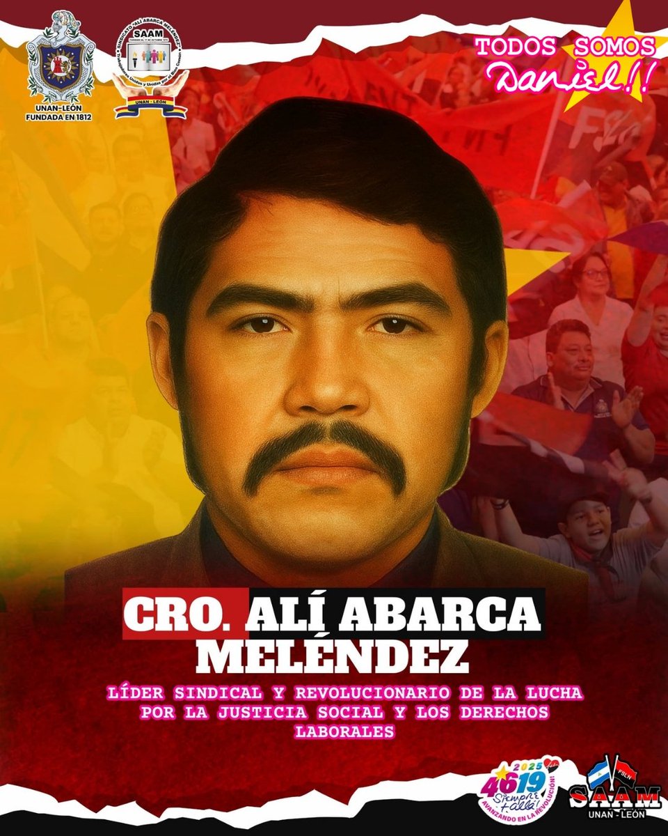 Sindicato Ali Abarca Meléndez de la Bicentenaria UNAN-León conmemora el 48 Aniversario del tránsito a la eternidad de nuestro Cro. Alí Abarca Meléndez, Héroe y Mártir de nuestra Revolución.
 ❤️🖤✌️

Todos Somos Daniel

 #4619SiempreMásAllá! Avanzamos en la Revolución