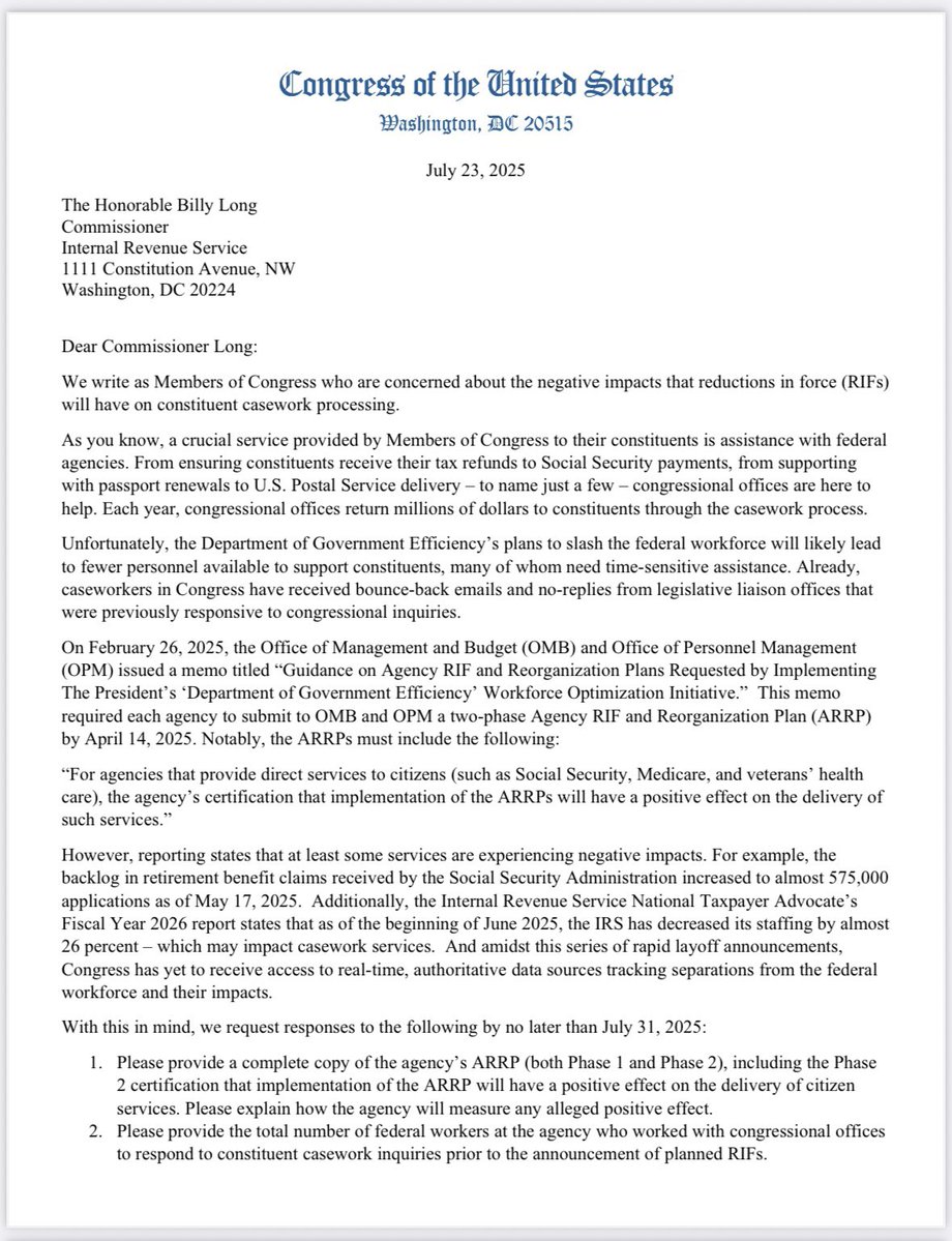 RepNellie's tweet image. So far this year the IRS has shed one-quarter of its entire work force. These cuts will slow your tax refunds, harm customer service, and let wealthy tax cheats run rampant. So I just joined 52 House colleagues demanding answers from the new IRS Commissioner.