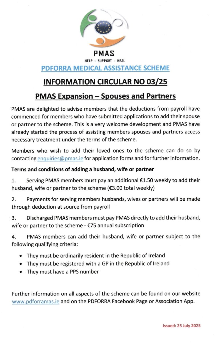 PMAS - PDFORRA Medical Assistance Scheme (@pmasmedical) on Twitter photo <a href="/PMASMedical/">PMAS - PDFORRA Medical Assistance Scheme</a> is delighted to announce that the scheme to include Spouses & Partners is now active for both serving and retired members.
Further details below:
#HelpSupportHeal
<a href="/pdforra/">pdforra</a> <a href="/defenceforces/">Óglaigh na hÉireann</a> <a href="/ANSACCU/">ANSACCU</a> <a href="/PMASMedical/">PMAS - PDFORRA Medical Assistance Scheme</a> is delighted to announce that the scheme to include Spouses & Partners is now active for both serving and retired members.
Further details below:
#HelpSupportHeal
<a href="/pdforra/">pdforra</a> <a href="/defenceforces/">Óglaigh na hÉireann</a> <a href="/ANSACCU/">ANSACCU</a>