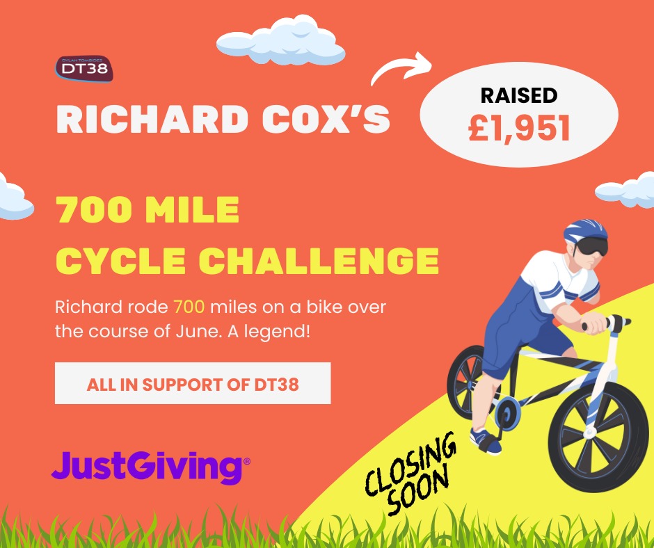 Dylantombides's tweet image. Can you help out Richard? He's raised an amazing £1,951 for DT38, can you help him get to £2K?
He's been raising funds for DT38 by cycling 700 miles in June & his fundraising closes soon 🚴
If you can, please support Richard.
You can sponsor him here justgiving.com/page/richard-2…