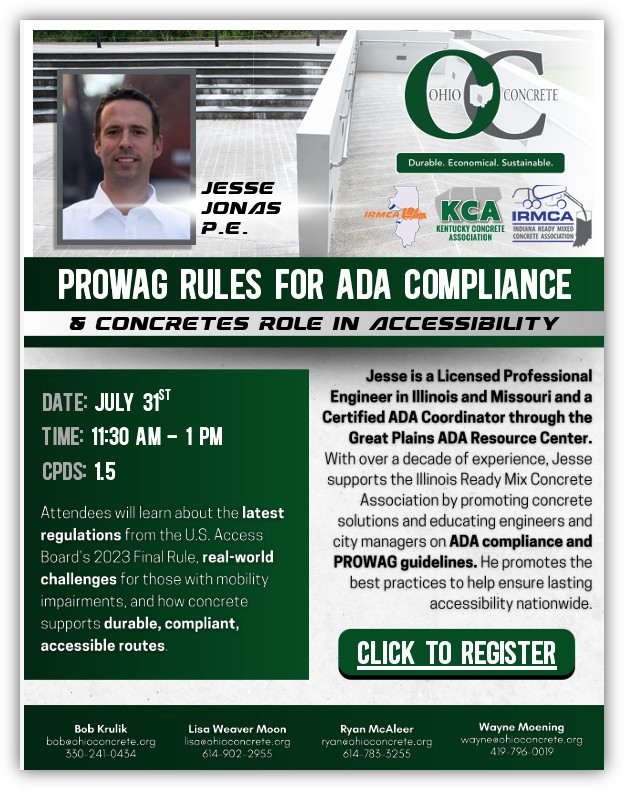 Last call for Registration for the "Prowag Rules for ADA Compliance &amp; Concrete's Role in Accessibility" webinar presented by Jesse Jonas, P.E. 
Register Here: us02web.zoom.us/webinar/regist…