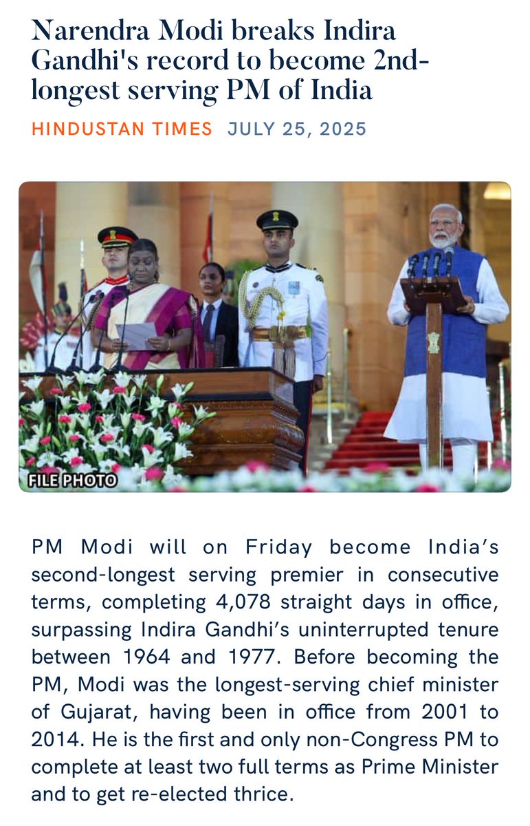 CaptBrijesh's tweet image. Narendra Modi breaks Indira Gandhi's record to become 2nd-longest serving PM of India
hindustantimes.com/india-news/mod…
via NaMo App