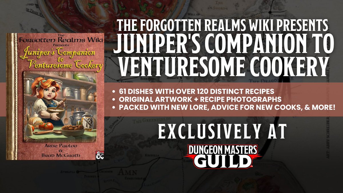 dms_guild's tweet image. The Forgotten Realms Wiki Presents Juniper&apos;s Companion to Venturesome Cookery is available now.

Get it here: tinyurl.com/2w7dvdwc

Take your tastebuds on an adventure in this saucebook from the world’s greatest roleplaying wiki!
#dnd5e #dungeonsanddragons