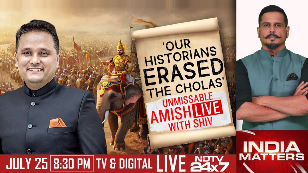 “Our historians erased the Cholas from national memory. It’s time to correct that.”

Ahead of PM Modi’s visit to Tamil Nadu on the anniversary of Rajendra Chola’s historic maritime expedition, <a href="/authoramish/">Amish Tripathi</a> joins me live.

8.30pm, <a href="/ndtv/">NDTV</a>