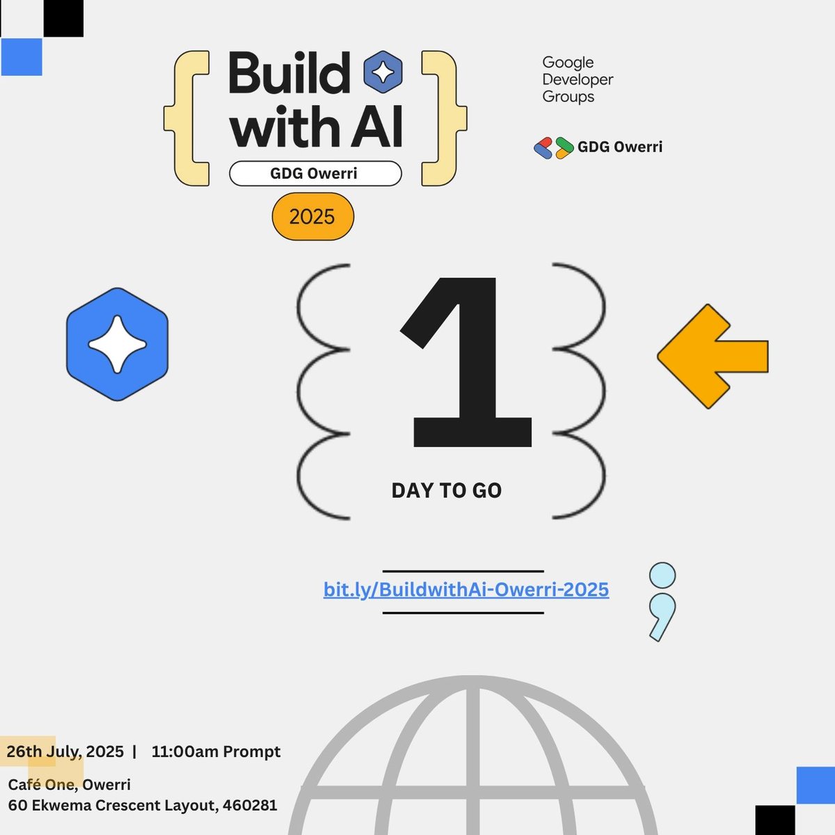 TOMORROW is the day! 💥

Code, connect, and create with AI like never before.
Don’t forget your laptop — we’ve got power, you bring the ideas 💡💻

⏰ 11AM | 📍Café One, Owerri
👉 bit.ly/BuildwithAi-Ow…

#BuildWithAI #GDGOwerri