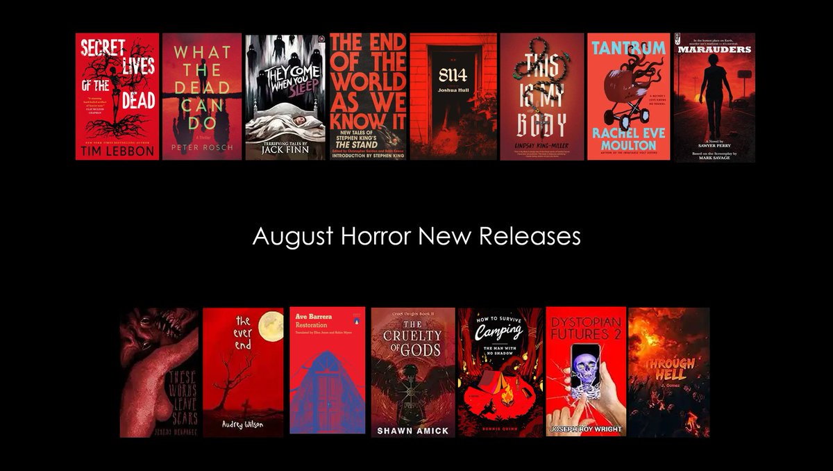 Build your TBR with these new  August Horror releases - Day 5 

Secret Lives of the Dead - Tim Lebbon <a href="/timlebbon/">Tim Lebbon</a> 

What the Dead Can Do- Peter Rosch <a href="/peterrosch/">Peter Rosch</a> 

They Come When You Sleep – Jack Finn <a href="/TheRealJackFinn/">Jack Finn</a> 

8114 – Joshua Hull 

The End of the World As We Know It -